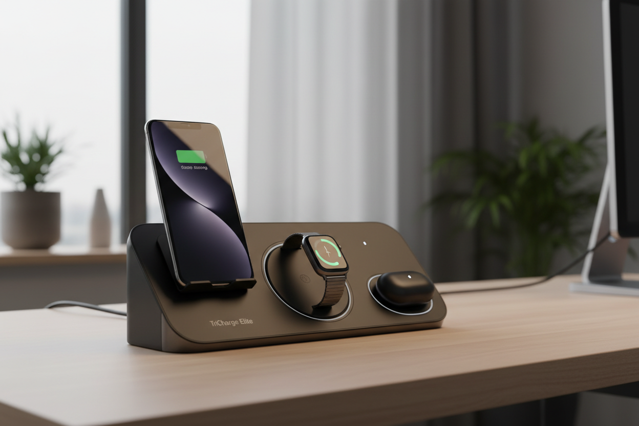“TriCharge Elite – One Charger to Rule Them All”Stop wasting time with multiple chargers. TriCharge Elite gives you power, speed, and safety for all your devices at once – smartphone, smartwatch, earbuds – without the clutter.Why TriCharge Elite is a must-have:All-in-One Convenience – one sleek hub replaces three separate chargers.Ultra-Fast Charging – get full power in record time.Premium Design – minimal, elegant, and built to last.Work, Relax, Travel – Fully Charged – perfect for your desk, nightstand, o